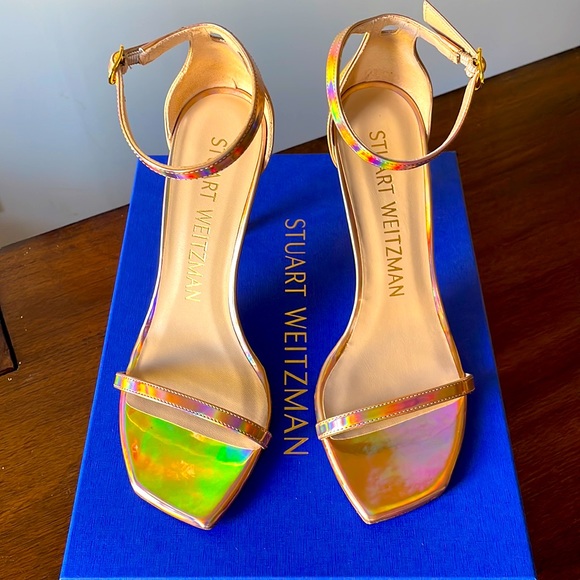 Stuart Weitzman 8.5 Nudistcurve Rose Gold Hologram 4” Heel Sandal